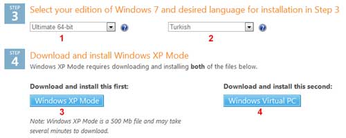 Windows 7 XP mod XPM seçin ve yükleyin